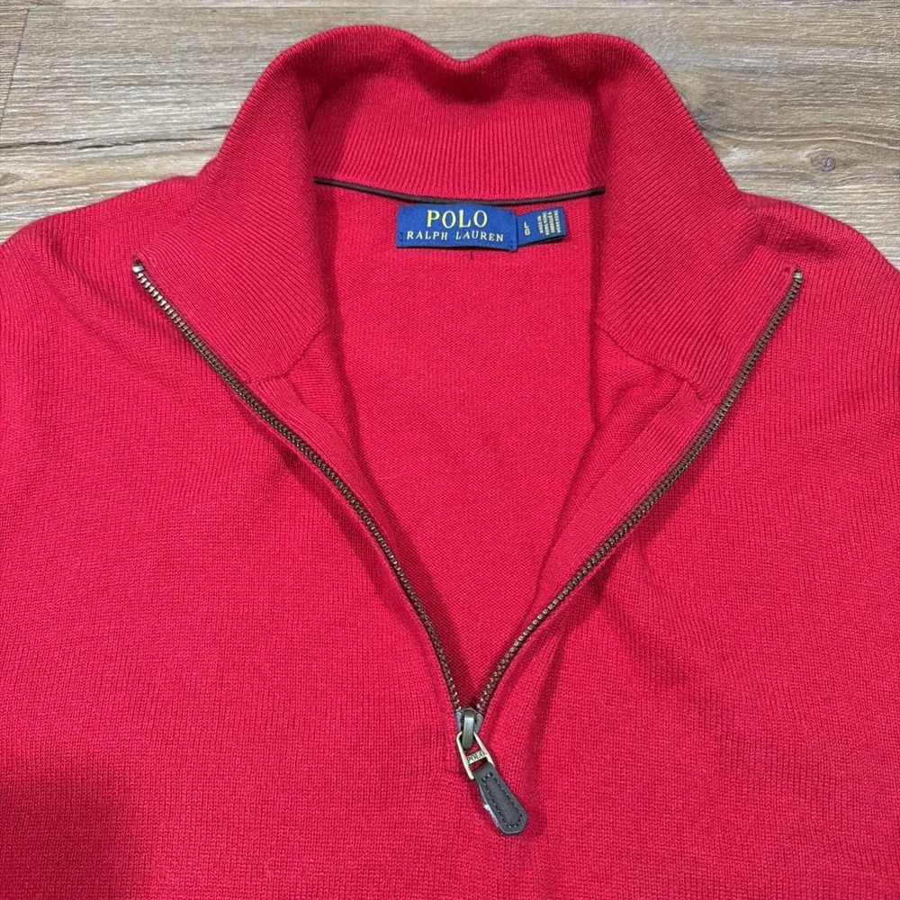 Polo Ralph Lauren Men's LARGE 100% Merino‎ Wool Red Quarter 1/4 Zip Knit Sweater